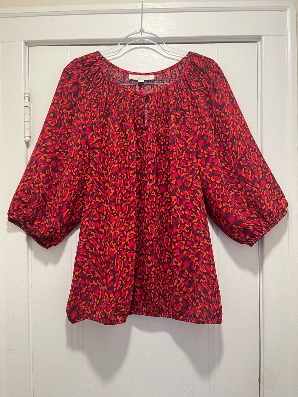 LOFT Red Orange Transitional Fall Peasant
Chiffon Blouse 3/4 Balloon Sleeve Sz L